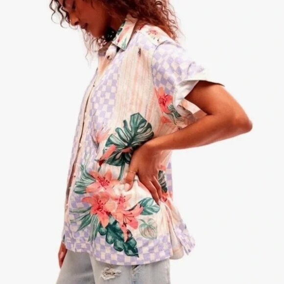 Free People We The Free Retro Tropical Sunset Combo Button Down Shirt Size large - Picture 7 of 8